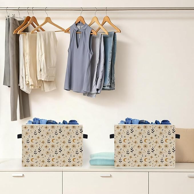 Boho Witchy Moon Floral Storage Box Bins, Beige Rustic Flower Botanical Collapsible Storage Basket Organizer for Bedroom Laun