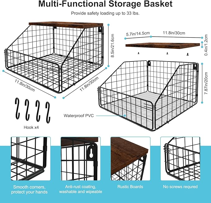 MSJGA Laundry Room Shelves Wall Mounted with Storage Basket - Farmhouse Stackable Wire Wall Shelves Organizer for Towels, Det