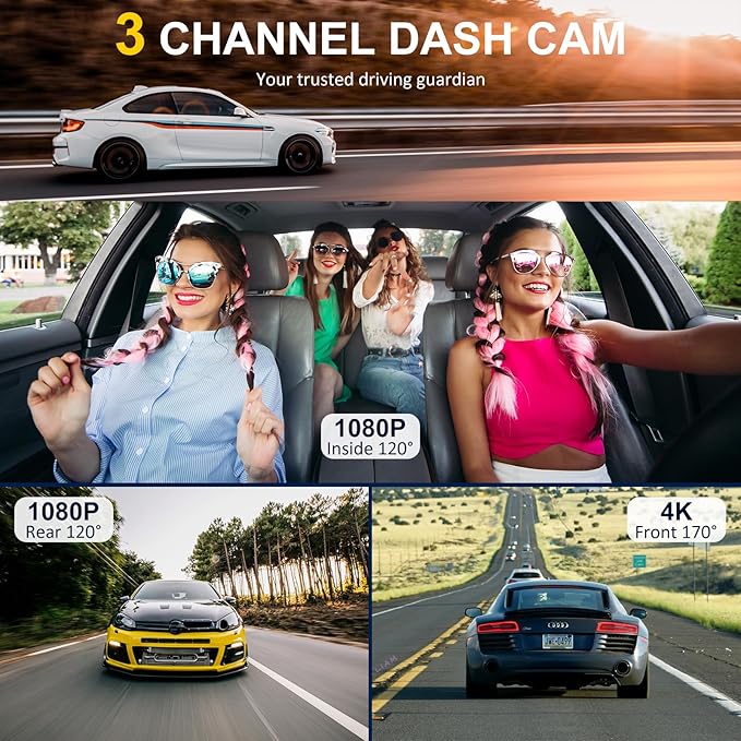 4K Dash Cam Front and Rear Inside,3.16" IPS,3 Channel Dash Cam for Car with 5G WiFi,Free 64GB Card,170° Wide Angle,Loop Recor