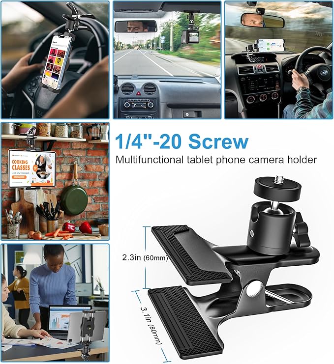 GDZN Car Sun Visor Tablet Mount, [Metal Clip] Multi Functional Tablet Holder for Car Visor, 360° Adjustable Steering Wheel iPad Clamp for iPad Pro, Air Mini, Galaxy Tab, iPhone, 4.7-113" Device