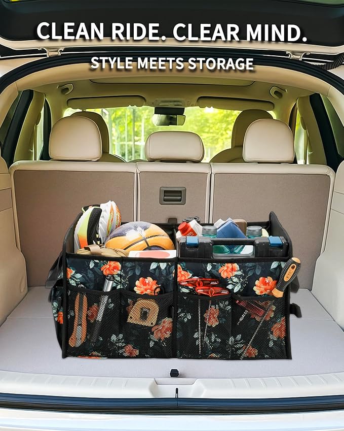 Sturdy Car Trunk Organizer - Large Capacity Trunk Organizer for SUVs & Sedans, Hard-Shell One-Piece Design with Cute Print,