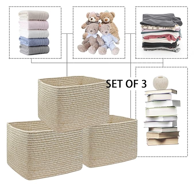 COMFY-HOMI 3Pack Small Woven Cotton Rope Basket for Organizing, Gift Baskets for Handles, Empty Gift Baskets, Medium Rope Bas