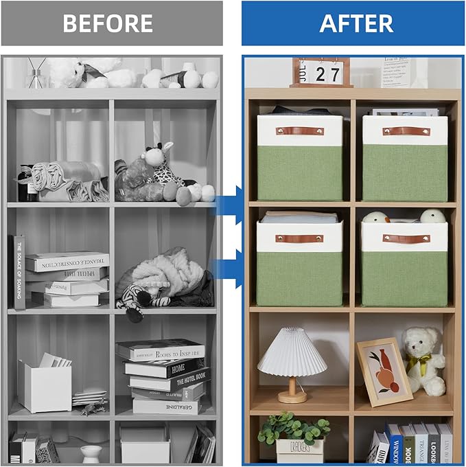 Temary Fabric Storage Bin 11x11 Cube Storage Bins for Home, 4 Pack Fabric Organizer Bins Cube Organizer Bins with Leather Han