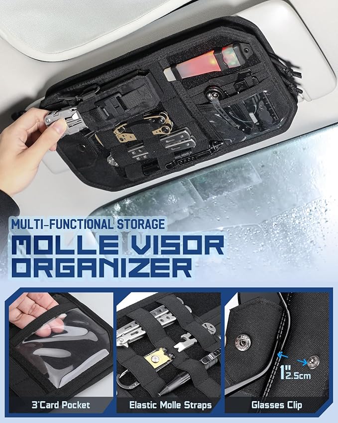 Molle Car Sun Visor Organizer with Zipper Storage Pouch & Glasses Clip, Auto Semi-Rigid MOLLE Panel for Police Gear & Overlanding Accessories, Fit Most Cars, SUVs, Vans & Trucks
