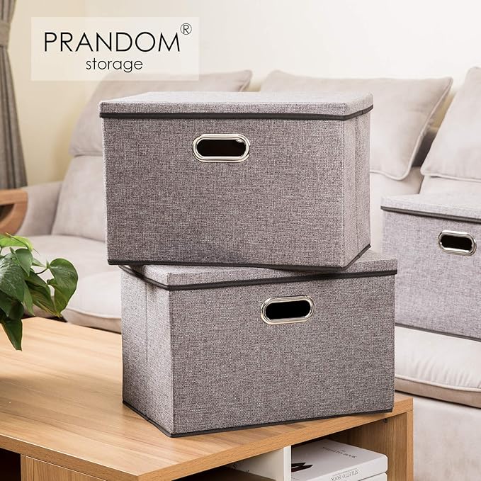 PRANDOM Large Collapsible Storage Bins with Lids [3-Pack] Linen/Cotton Blend Foldable Storage Boxes Organizer Containers Bask