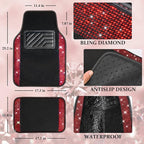 CAR PASS Bling Diamond Leather Steering Wheel Cover 14.5in-15in Floor Mats Shining Rhinestone Carpet Sparkly Glitter Crystal Anti-Slip Pad Fit Automotive SUV Pickup Truck Girl Women, 5pcs Black Red