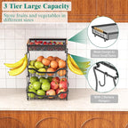 Giwil 3 Tier Countertop Fruit Mesh Basket for Kitchen, Vegetable Storage Bread Fruit Bowl Stand with 2 Banana Hooks, Wall Mou