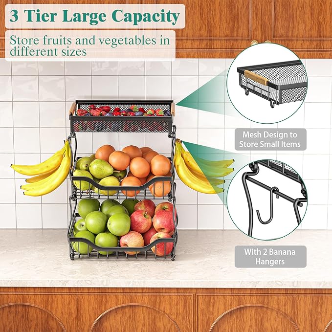 Giwil 3 Tier Countertop Fruit Mesh Basket for Kitchen, Vegetable Storage Bread Fruit Bowl Stand with 2 Banana Hooks, Wall Mou