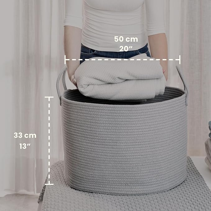 OrganiHaus Large Woven Storage Basket for Blankets and Toys 20" x 13" Inch, Rope Laundry Basket with Handles, Cushions & Pill