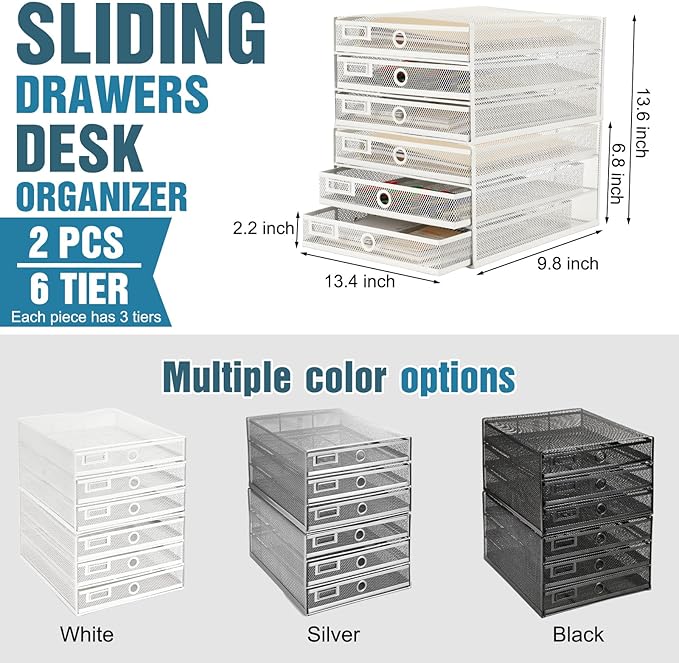 Zhanmai 2 Pack White Desk Organizer with Drawer Total Wire Mesh Storage Tray Multifunctional Paper Sorter File Stand for Home