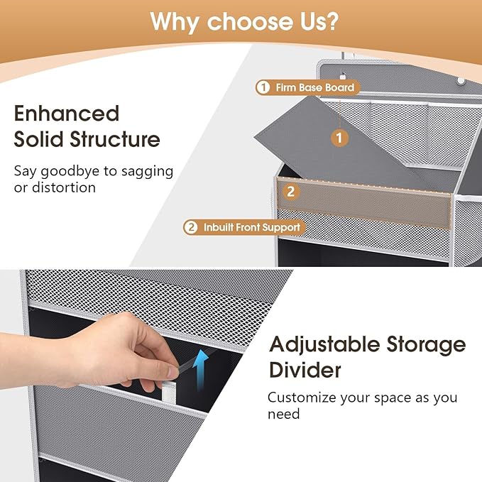WISELIFE 5-Tier Over the Door Organizer for Hanging - 50LB Heavy-Duty Back of Door Organizer with 5 Spacious Pockets & 13 Mes