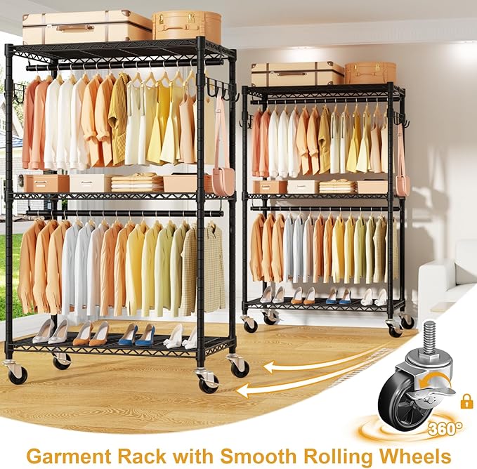 ULIFHOME P1 Rolling Clothes Rack, Portable Wardrobe Closet with Wheels, Heavy-Duty Closet Clothing Rack for Hanging Clothes, 