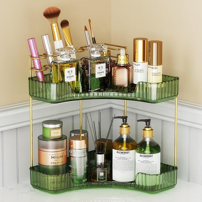 EUHOME 2-Tier Corner Bathroom Counter Organizer Makeup Cosmetic Storage, Tool-Free Installation Acrylic Vanity Shelf, Skin Ca