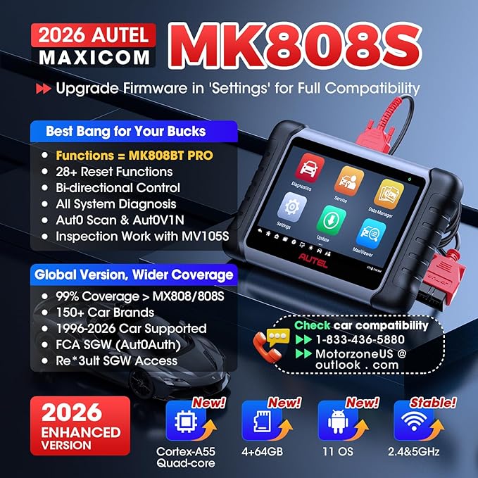 Autel Scanner MaxiCOM MK808S: 2026 Bidirectional Tool as MX808S MK808BT Pro M808Z, Work as MaxiCheck MX900 MK900BT, 28+