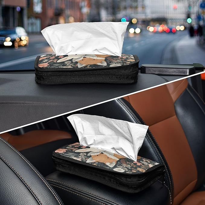 Car Tissue Holder Car Visor Organizer Tissue Box Holder for Car Sun Visor Organizer with Car Vehicle Accessories Essentials Interior for Women Men Forest Fox Bunny Flowers Green