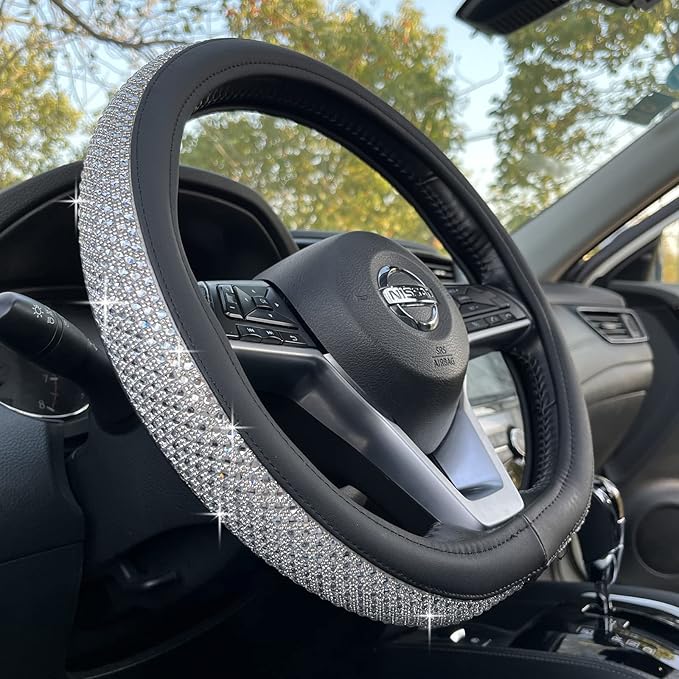 PINCTROT D Shaped Bling Comfy Steering Wheel Cover with Jumbo Crystal Rhinestones, Anti-Slip Diamond Leather, Flat Bottom 14.5-15 Inch (Silver)