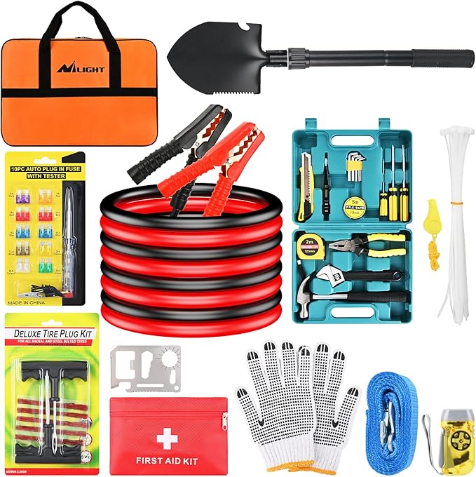 Nilight Car Emergency Kit with Jumper Cable Air Compressor Tire Repair Essential Tools First Aid Alligator Connector Electric