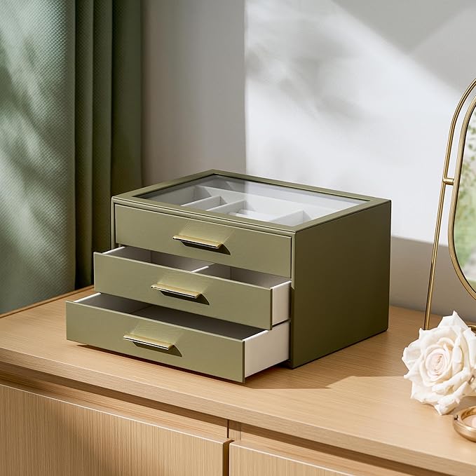 Jewelry Box Organizer Case for Women: 3-Layer Jewelry Storage Case with Glass Window, Olive Green Leather with Cream Velvet, 