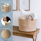 OrganiHaus Large Woven Storage Basket for Blankets and Toys 20" x 13" Inch, Rope Laundry Basket with Handles, Cushions & Pill