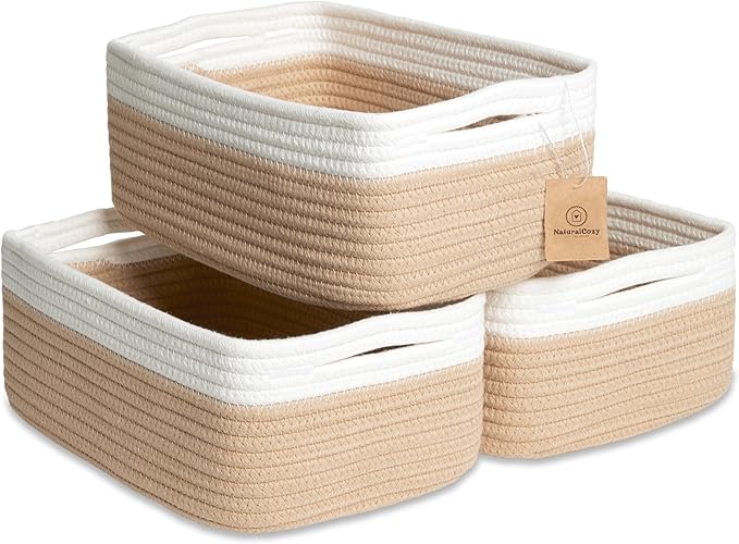NaturalCozy 11.8"x8"x4.5” Storage Baskets for Shelves 3 Pack | Cotton Rope Woven Small Baskets for Organizing | Small Storage
