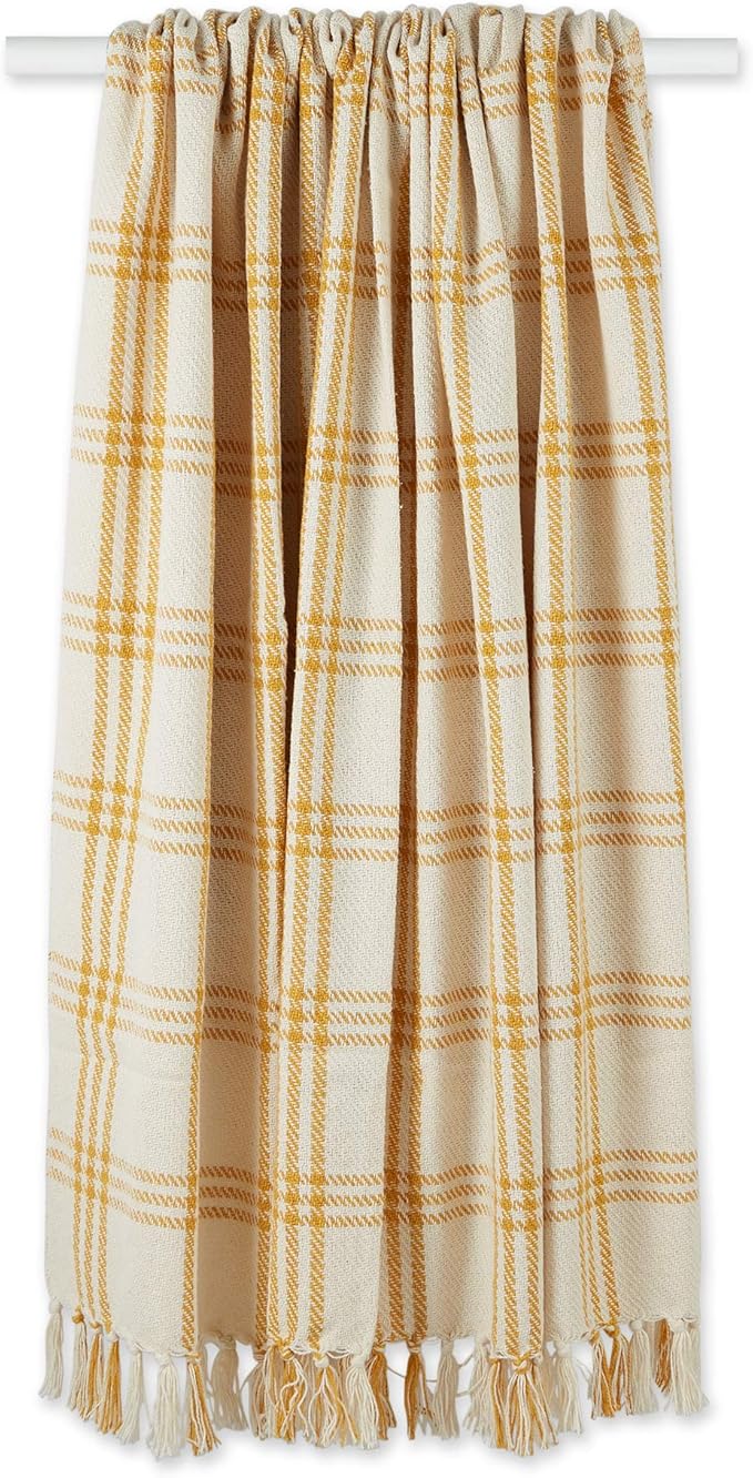 DII Modern Farmhouse Plaid Collection Cotton Fringe Throw Blanket, 50x60, White/Honey Gold
