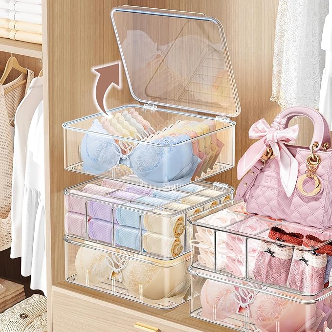 DILIBRA Socks Underwear Drawer Organizer for Closet, 16 Compartment Removable Divided Plastic Clear Sock Storage Box with Lid