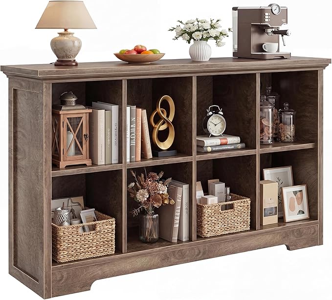 Aheaplus Wooden 8-Cube Storage Organizer with Charging Ports, Modern Cube Bookcase with Base, 3-Tier Floor Standing Open Cubb
