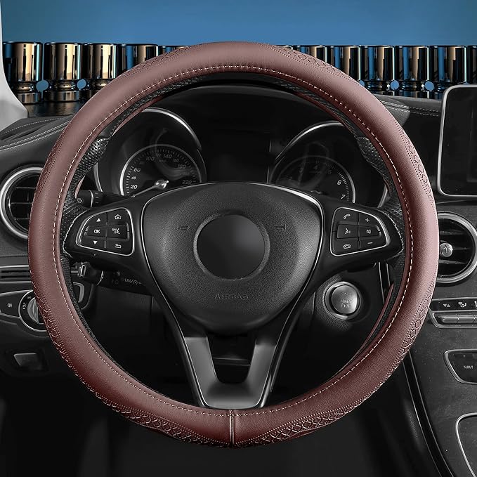 Red Rain Brown Steering Wheel Cover Universal Car Steering Wheel Cover 15inch Cowhide Wheel Cover for Car SUV Truck Size M (C-Brown-M)