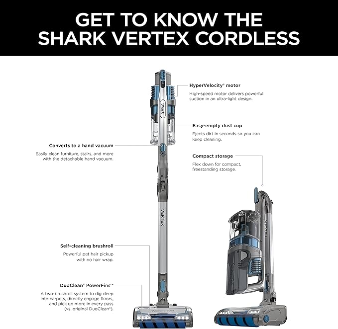 Shark Vertex Cordless Stick Vacuum | Powerful Suction, 60min Runtime, No Hair Wrap | HEPA Filter, XL Dust Cup, DuoClean Power