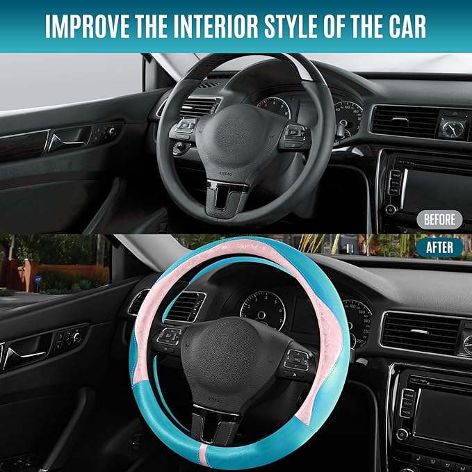 PIC AUTO Steering Wheel Cover, Pink Patterned & Blue Leather Patchwork Design, Universal Fit 14.5"–15.5", Anti-Slip, Odor-Fre