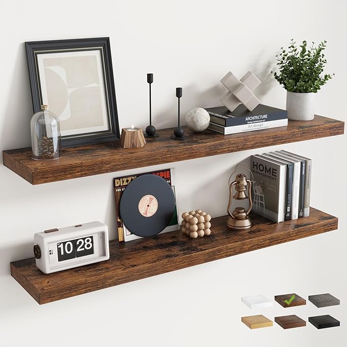 48 Inch Floating Shelves for Wall Set of 2, 8"D Wood Grain Bathroom Shelves with Invisible Brackets, Easy Install Engineered 