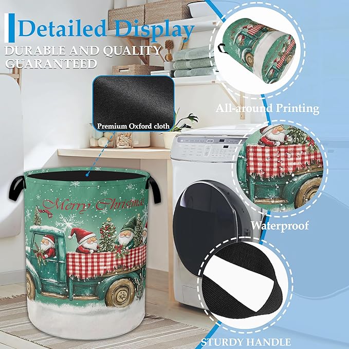 Merry Christmas Laundry Basket Collapsible Laundry Hamper, Oxford Cloth Storage Bin for Room/Bathroom/Bedroom/Dormitories 16"