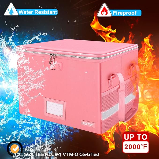 ENGPOW File Box with Lock, Fireproof Document Box with Pockets, Collapsible File Organizer Filing Storage Cabinet with Handle