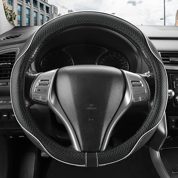 Leather Car Steering Wheel Cover,Anti-Slip, Safety,Soft,Breathable,Heavy Duty,Thick,Full Surround, Sports Style,Universal Car