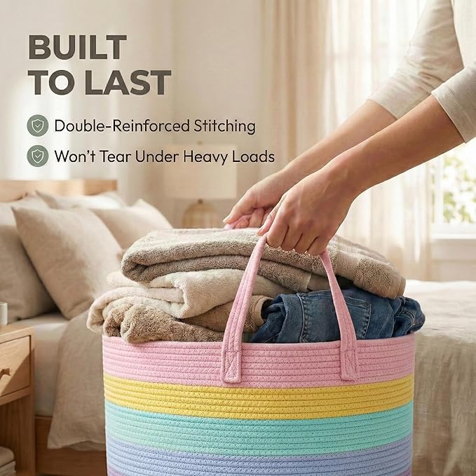 JMvicyroam 115L Extra Large Blanket Basket for Living Room - Woven Cotton Rope Laundry Hamper with Reinforced Handles - Stora