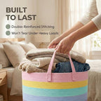 JMvicyroam 115L Extra Large Blanket Basket for Living Room - Woven Cotton Rope Laundry Hamper with Reinforced Handles - Stora