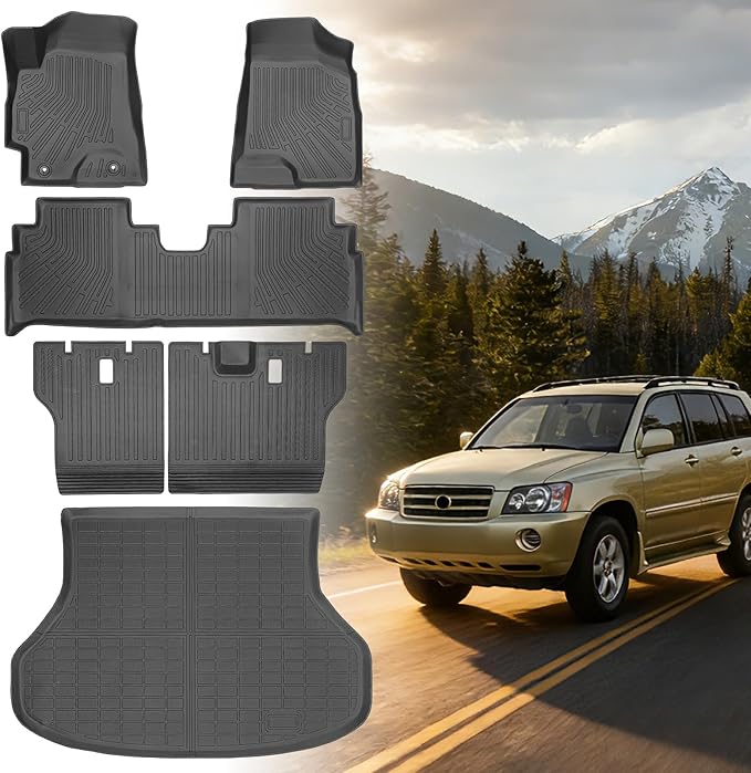 Floor Mats for Toyota Highlander 2001-2005 2006 2007, NOT for with 3rd Row or Hybrid, ONLY 5 Seats, Floor Mats for Highlander Base Limited Sport, TPE Floor Liners & Seatback Mat & Cargo Liner