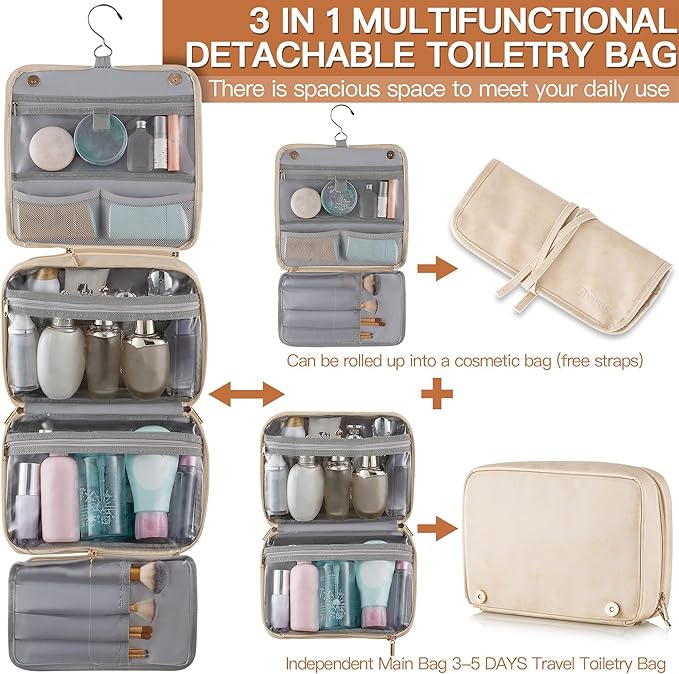 Elviros Hanging Travel Toiletry Bag for Women, 3-in-1 Large Makeup Bag and Cosmetic Organizer, Vegan Leather Waterproof Skinc