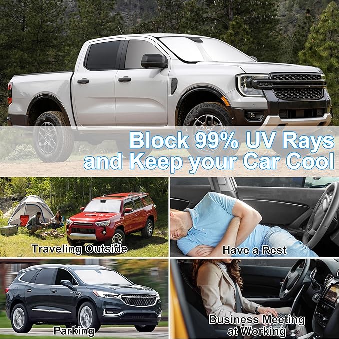 3PCS Car Window Shades Front Windshield Sun Shade Foldable Window Shade Custom Fit for Ford Ranger 2019-2024 Accessories Car Shades for Front Windows Anti-UV Rays Block Heat