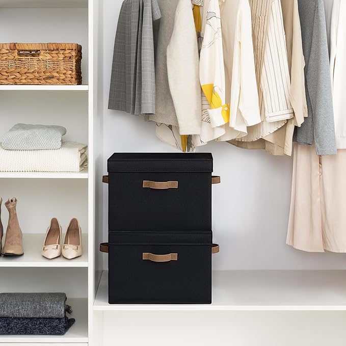 StorageWorks Fabric Storage Bins with Lid, Decorative Storage Boxes for Shelves, Stackable Closet Organizer Basket with Handl