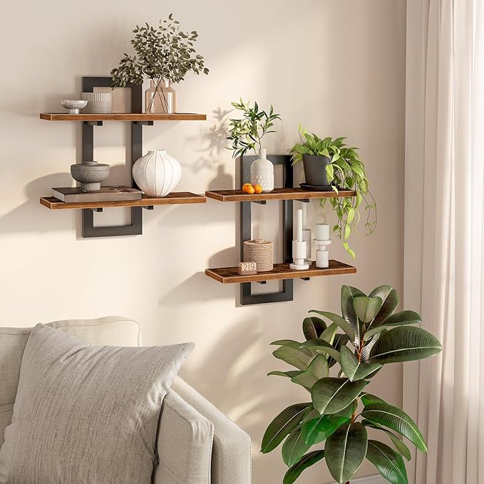 HOOBRO Floating Shelves and C Shaped End Table, 15 Inch Wall Shelf Set of 2, Wall Mounted Storage Shelves 2-Tier, Side Table 