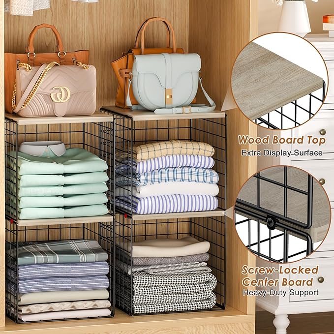 Hencawima 4-Tier Stackable Closet Organizers and Storage, Dual-Layer Reinforced Clothing Cube Shelves with Wood Tops, Sturdy 
