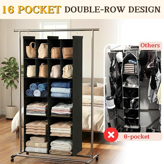 Ofiray-home 6 Tier Hanging Closet Organizer, 16 Compartments Sweater Organizer for Closet with 3 Sturdy Hooks, Closet Organiz