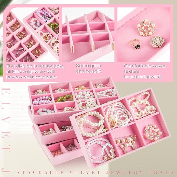 Junkin 12 Pcs Jewelry Tray Velvet Stackable Jewelry Organizer Trays Divided Earring Accessories Storage Containers Box (Rose 