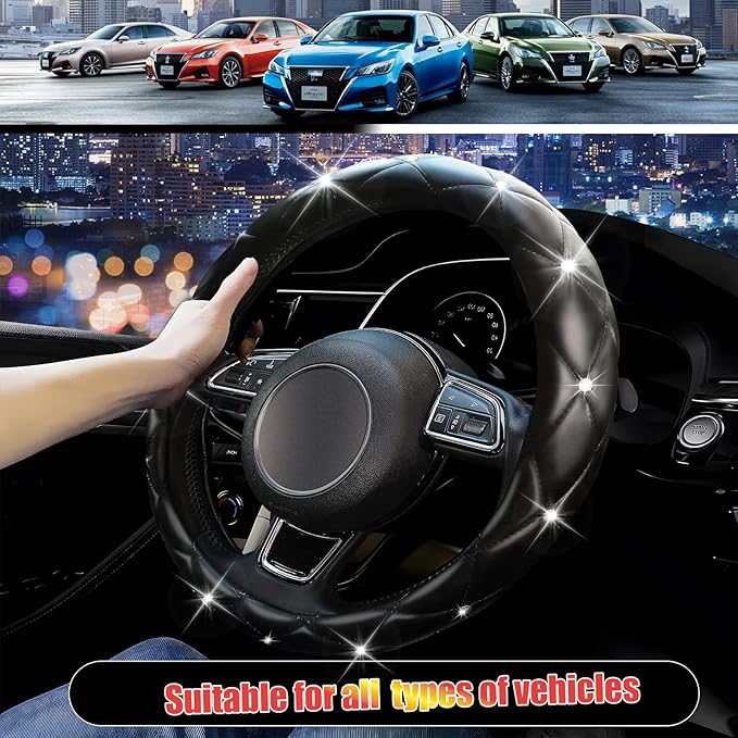 SuperKaKa Black Steering Wheel Cover 2026, Auto Cute Girly Diamond Bling Comfort Leather Car Interior Accessories Protector S