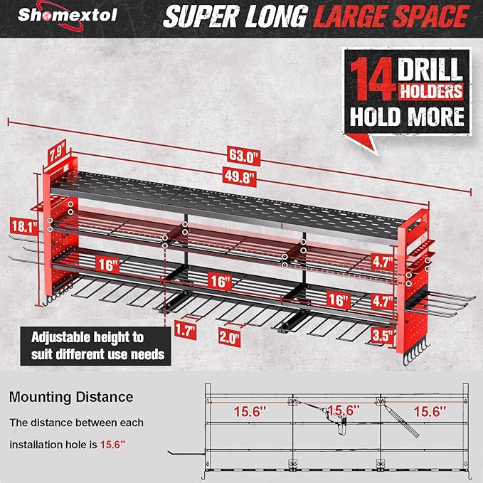49.8" W Large Power Tool Organizer Wall Mount, Heavy Duty Tool Organizer with 14 cordless Drill Holder, 4 Layers Garage Organ