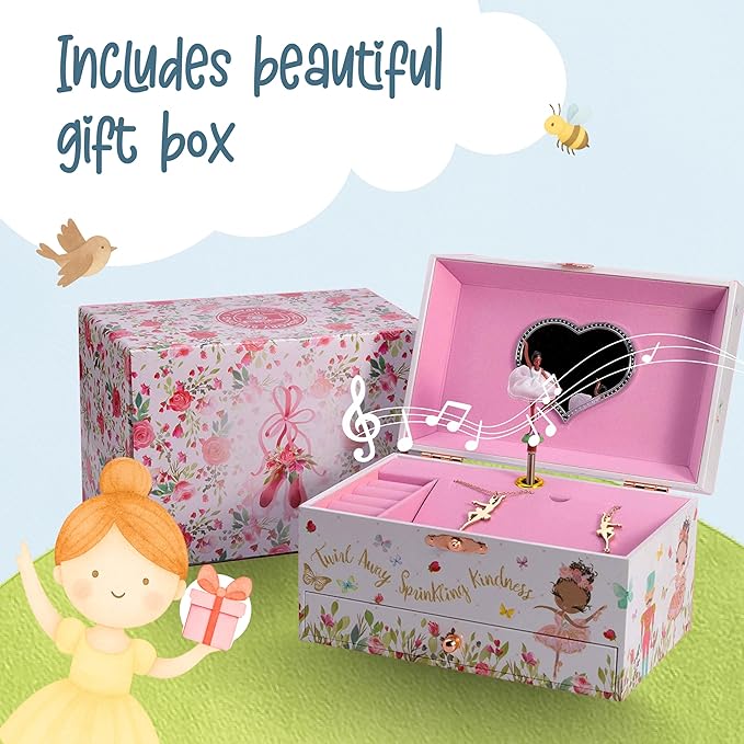 The Memory Building Co Black Ballerina Musical Jewelry Box Plays Classic Melody, Storage Organizer Music Box for Kids Ages 6-