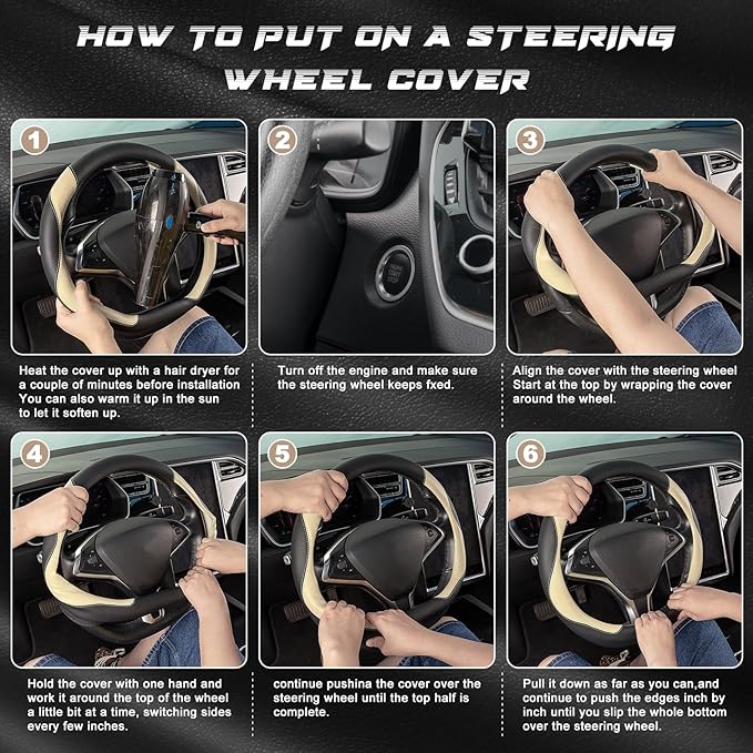 SEG Direct D Shaped Steering Wheel Cover, Flat Bottom Car Wheel Cover 14 1/2-15 in. (37-39 cm), Black and Beige Microfiber Le
