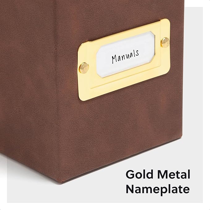 Smead Flip Top File Box, 10" x 3.7" x 13", Brown Vegan Leather, Gold Metal Nameplate (70234)
