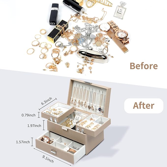 Dajasan Jewelry Organizer Box, Large Jewelry Boxes for Women Girls, Space-Saving 3 Layers Jewelry Storage Case with Drawer, M